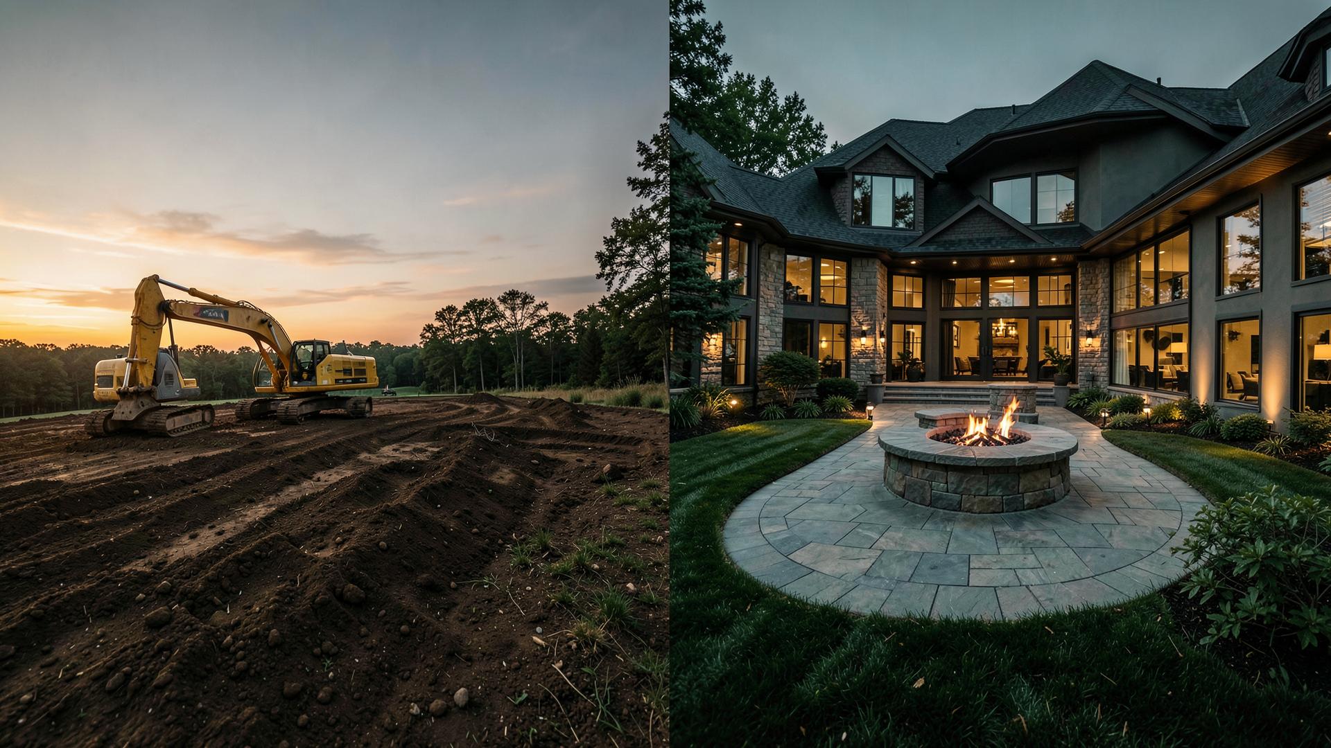 Excavation site prep transitioning into a finished luxury outdoor living space
